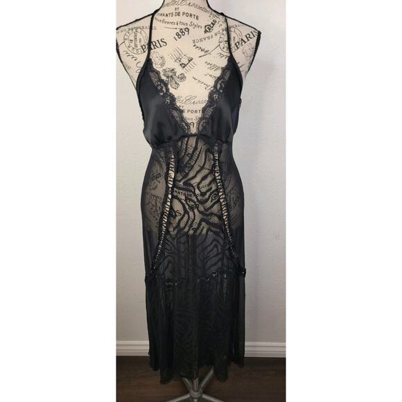 Victorias Secret Satin Chiffon Goth Black Sheer Maxi Gown Slip Dress M VTG Y2K - Picture 2 of 14